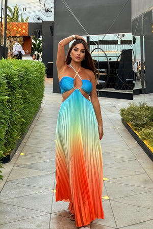 Pleated Halter Maxi Dress with Cutout