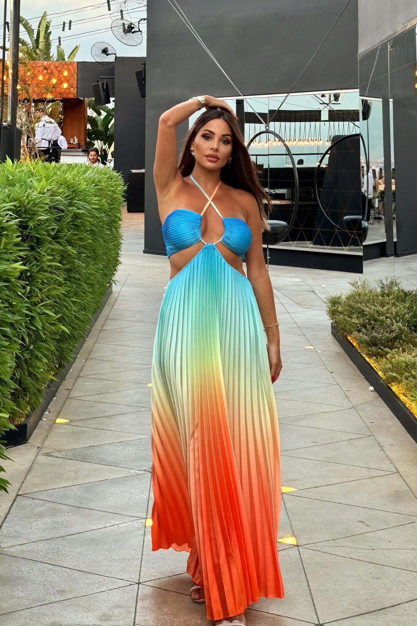 Pleated Halter Maxi Dress with Cutout