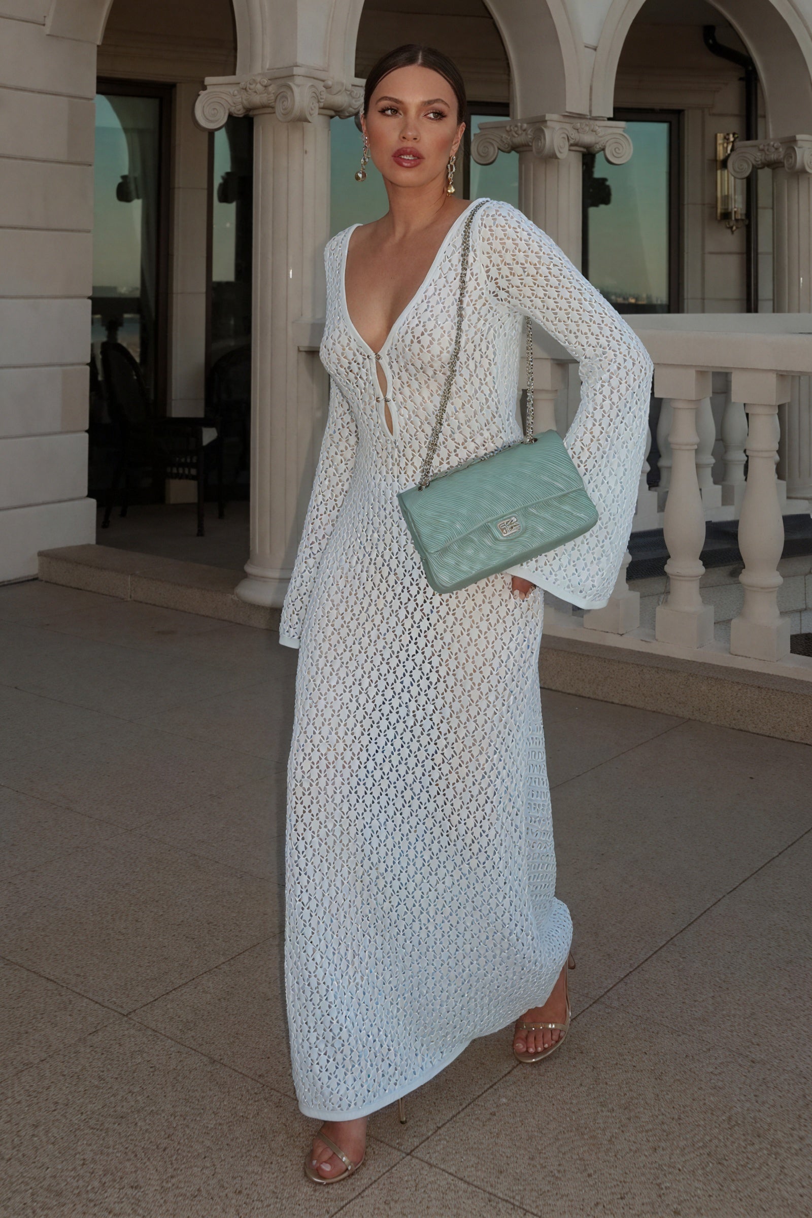 Open-Knit Maxi Dress with Flared Sleeves