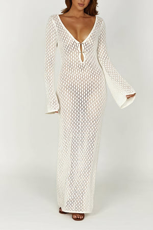 Open-Knit Maxi Dress with Flared Sleeves