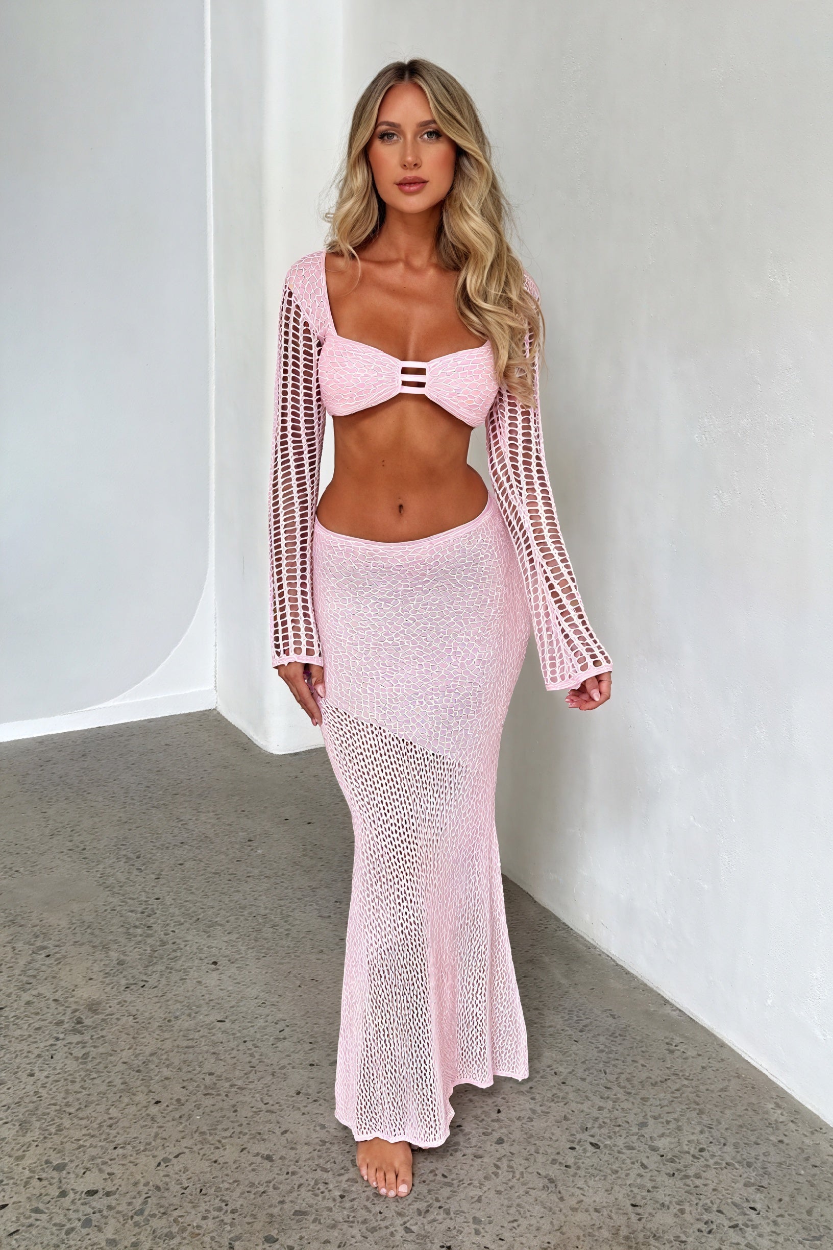 Crochet Knit Set - Keyhole Detail, Asymmetrical Skirt