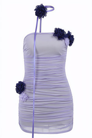 Ruched Strapless Mini Dress - Floral Lavender