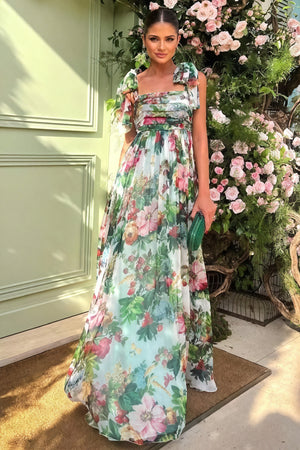 Floral Print Floor-Length Dress with Bow Detail