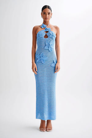 Floral Appliqué Halter Floor-Length Gown