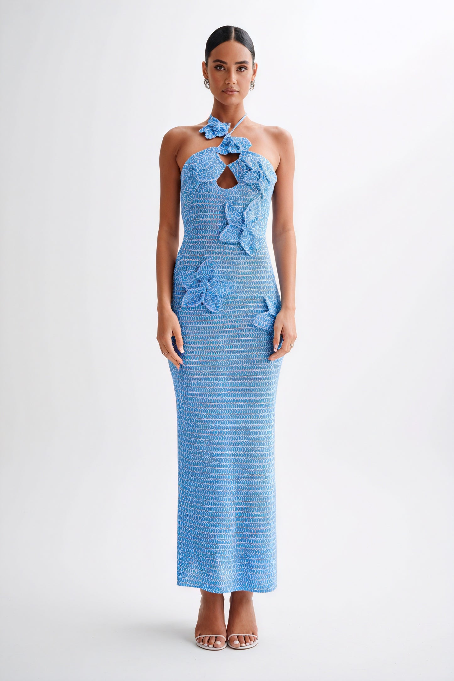Floral Appliqué Halter Floor-Length Gown