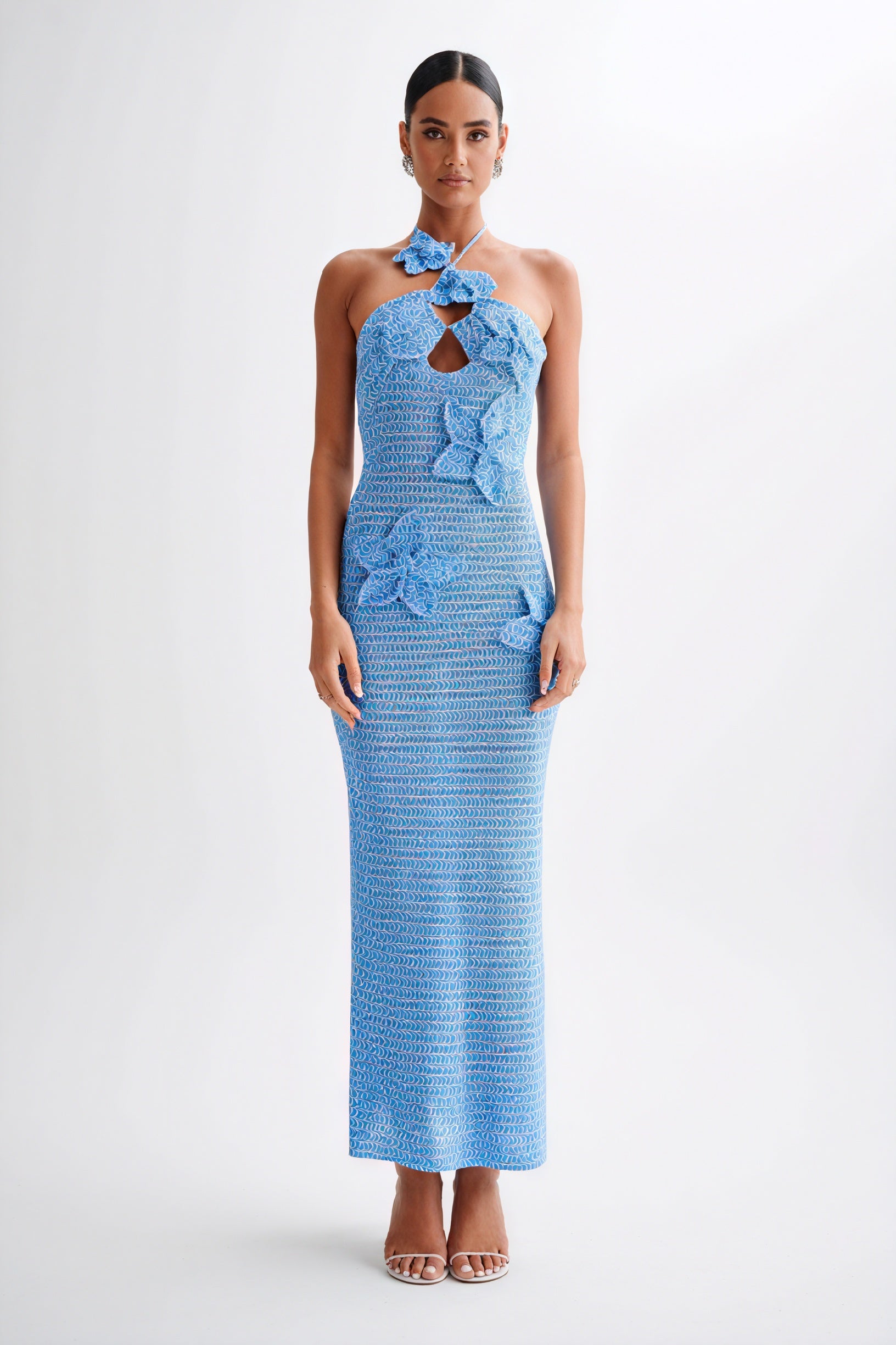 Floral Appliqué Halter Floor-Length Gown