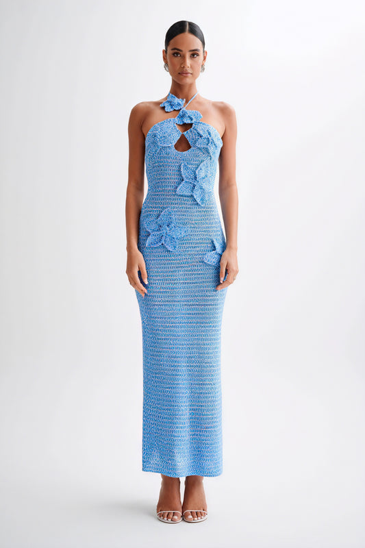 Floral Appliqué Halter Floor-Length Gown