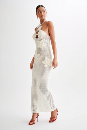 Floral Appliqué Halter Floor-Length Gown