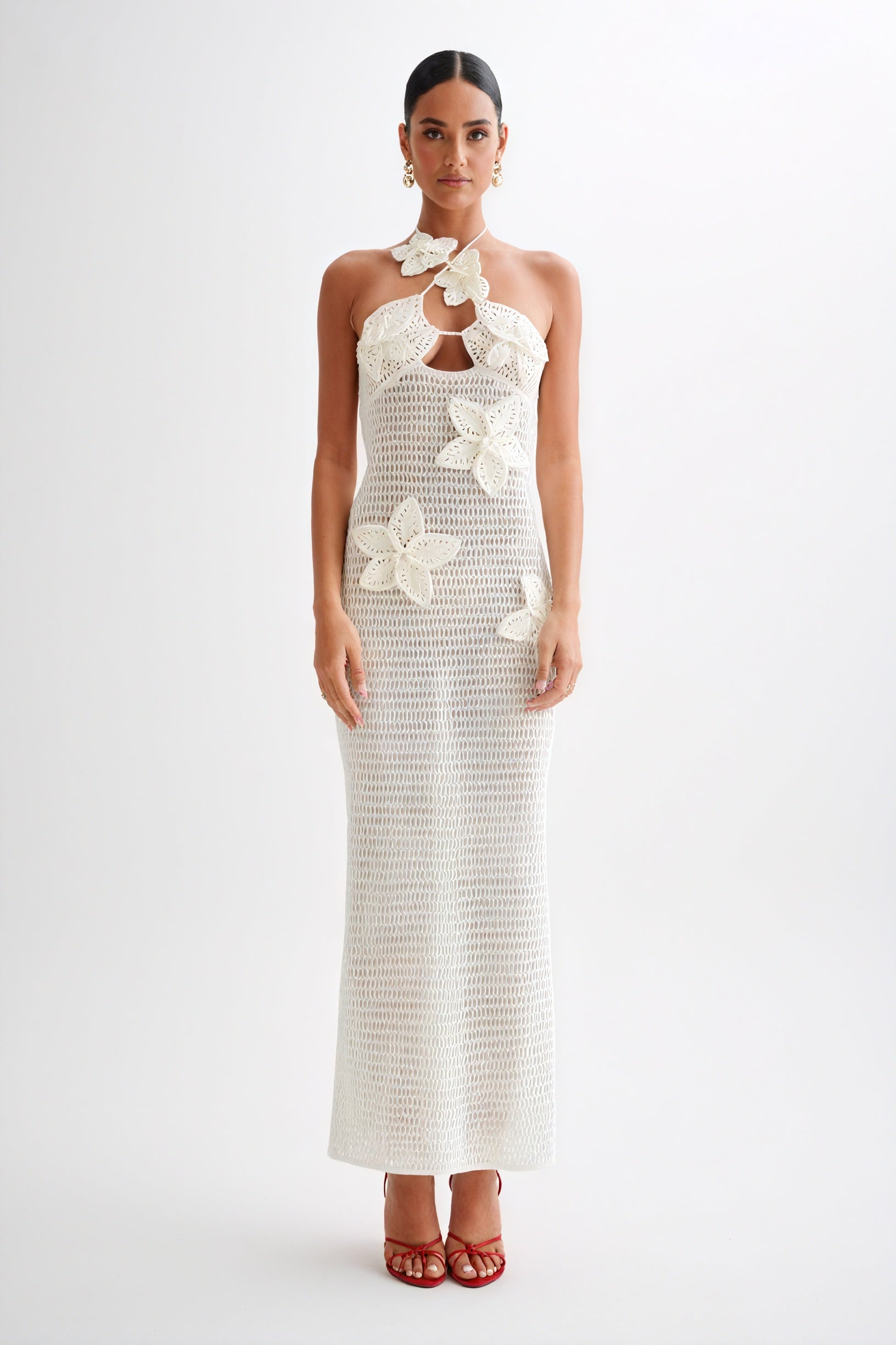 Floral Appliqué Halter Floor-Length Gown