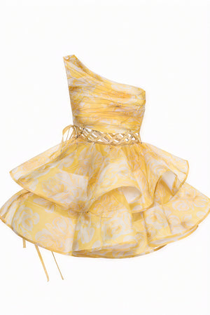 Floral One-Shoulder Mini Dress - Ruffle Skirt