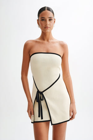 Ribbed Strapless Mini Dress with Waist Tie
