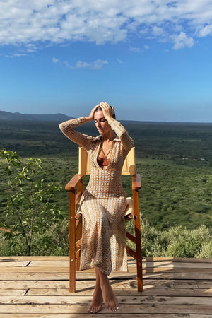 Geometric Maxi Dress - Long Sleeve V-Neck