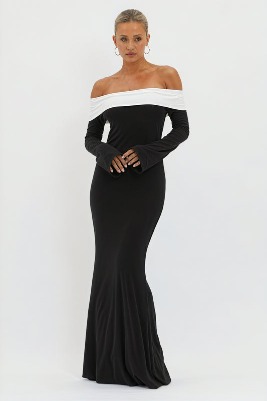 Off-Shoulder Evening Gown with Flared Sleeves