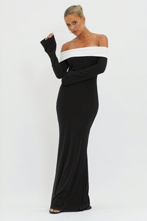 Off-Shoulder Evening Gown with Flared Sleeves