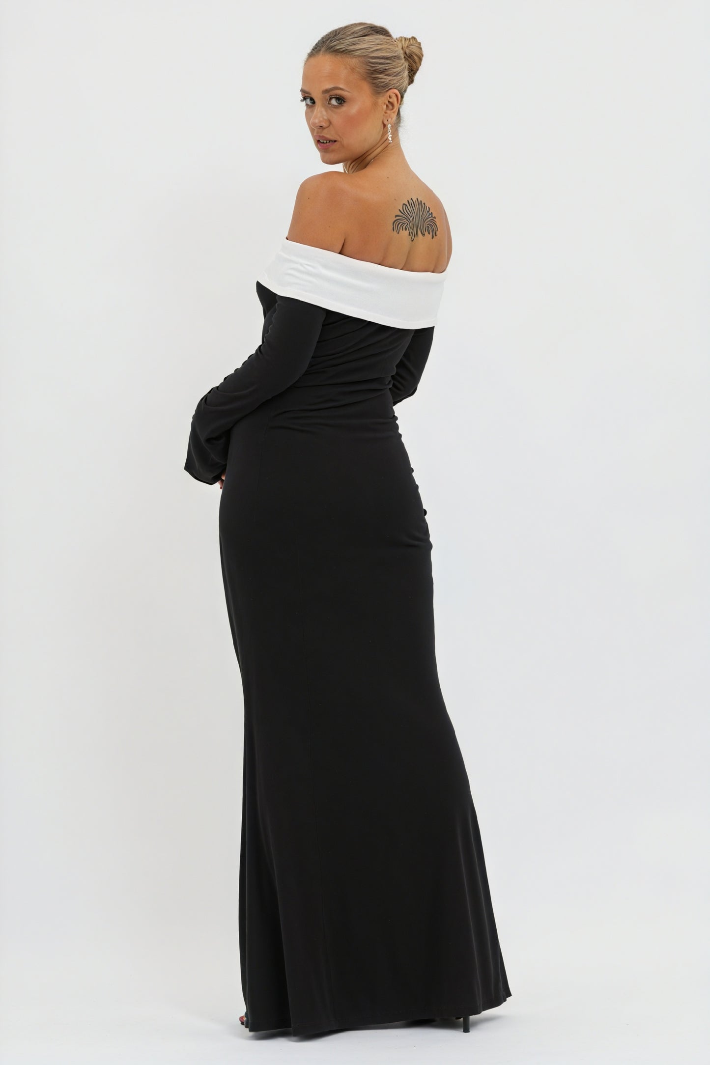 Off-Shoulder Evening Gown with Flared Sleeves