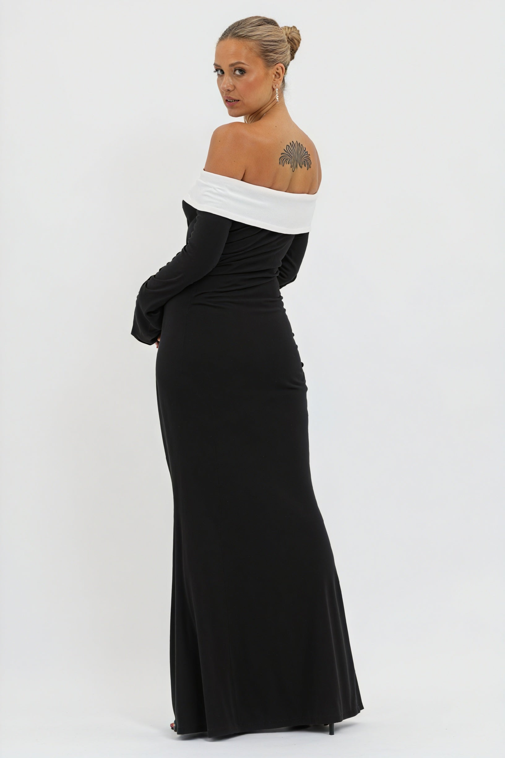 Off-Shoulder Evening Gown with Flared Sleeves
