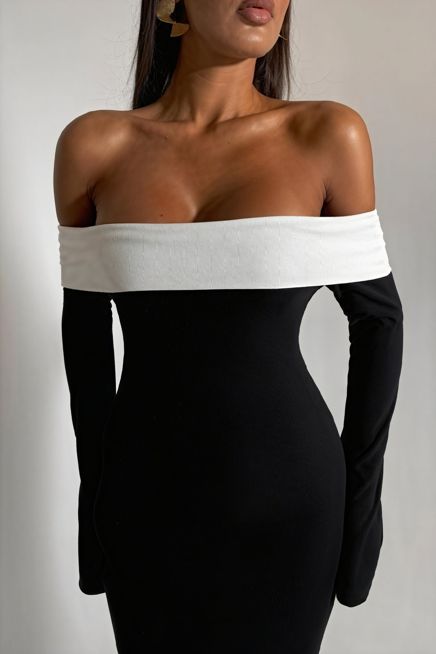 Off-Shoulder Evening Gown with Flared Sleeves