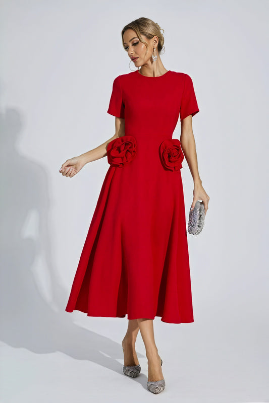 Rose Detail Midi Dress - Fitted Cocktail Style