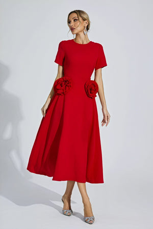 Rose Detail Midi Dress - Fitted Cocktail Style
