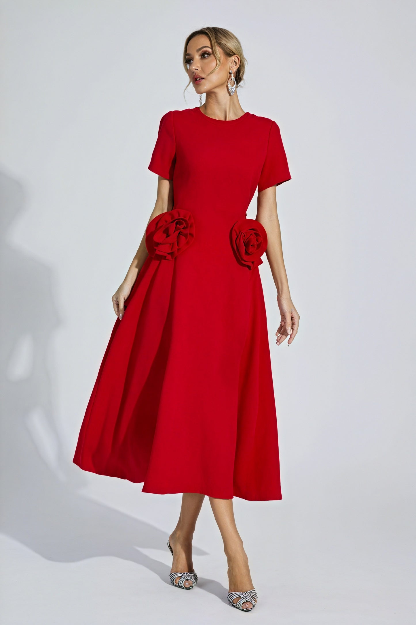 Rose Detail Midi Dress - Fitted Cocktail Style