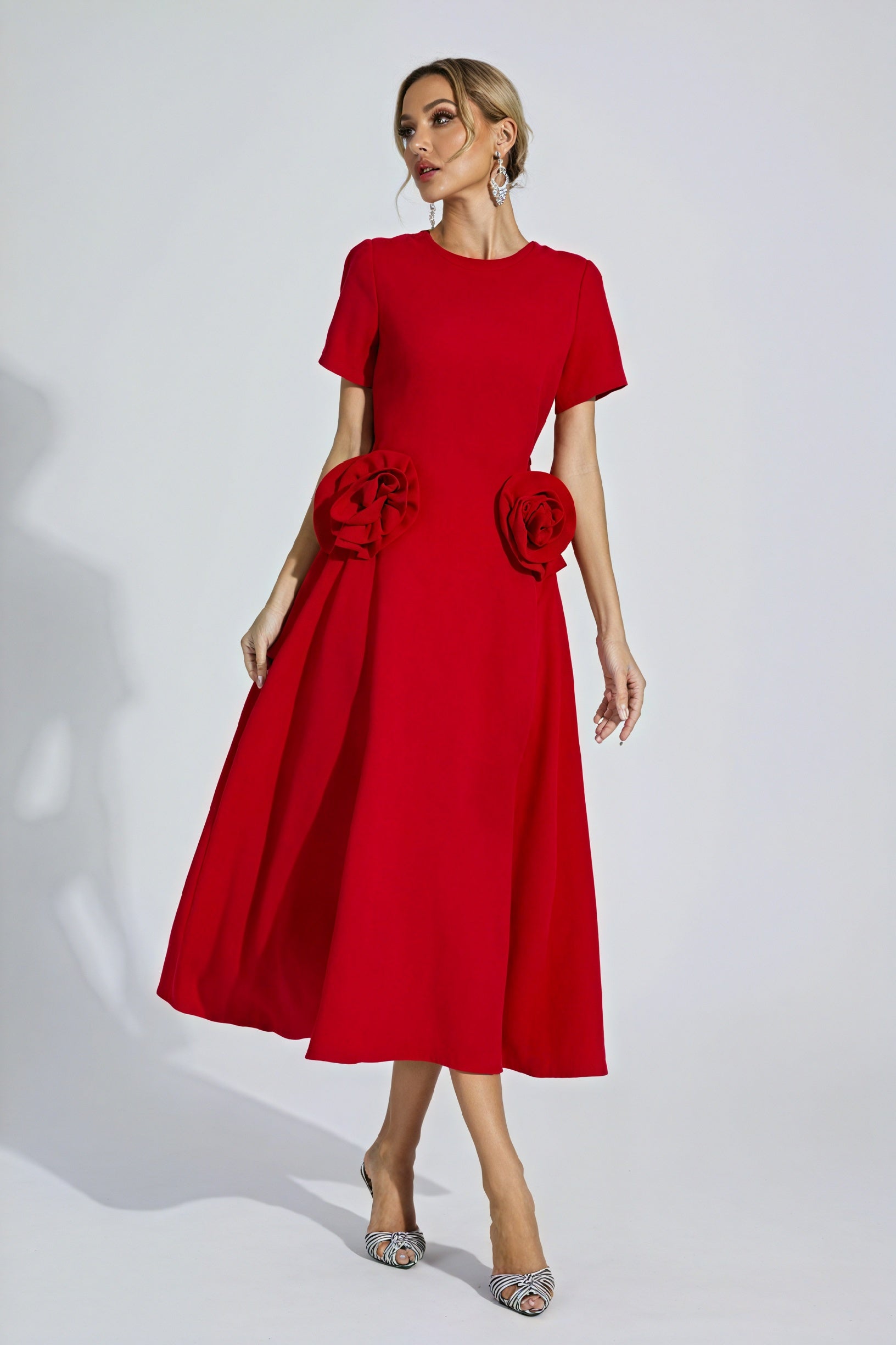 Rose Detail Midi Dress - Fitted Cocktail Style