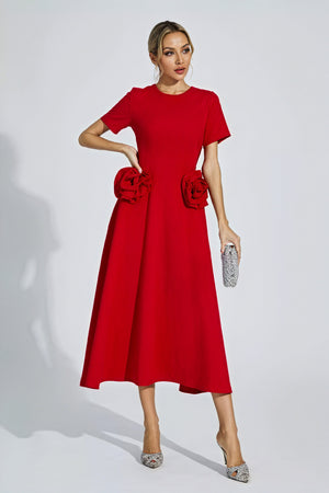 Rose Detail Midi Dress - Fitted Cocktail Style