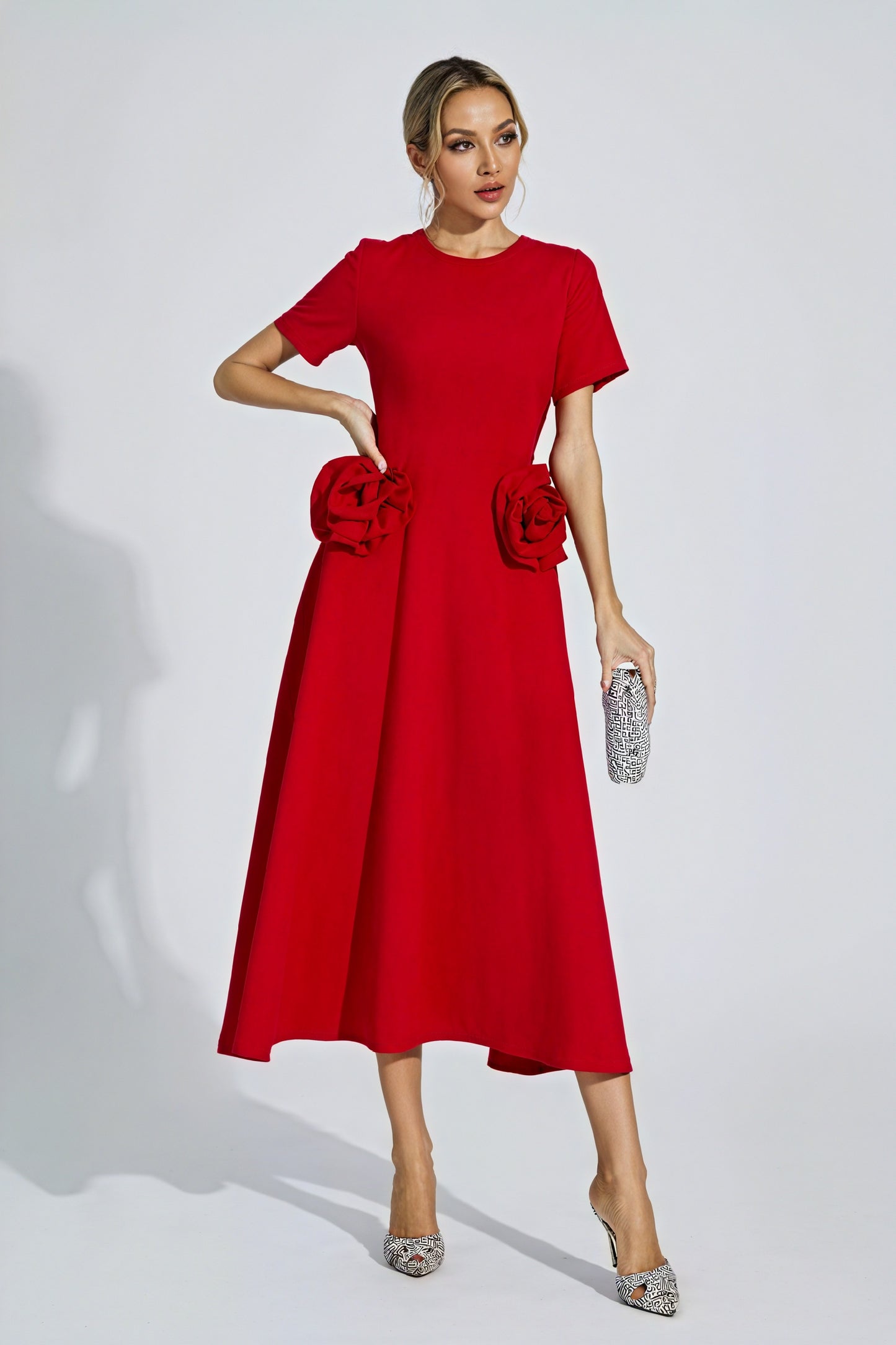 Rose Detail Midi Dress - Fitted Cocktail Style