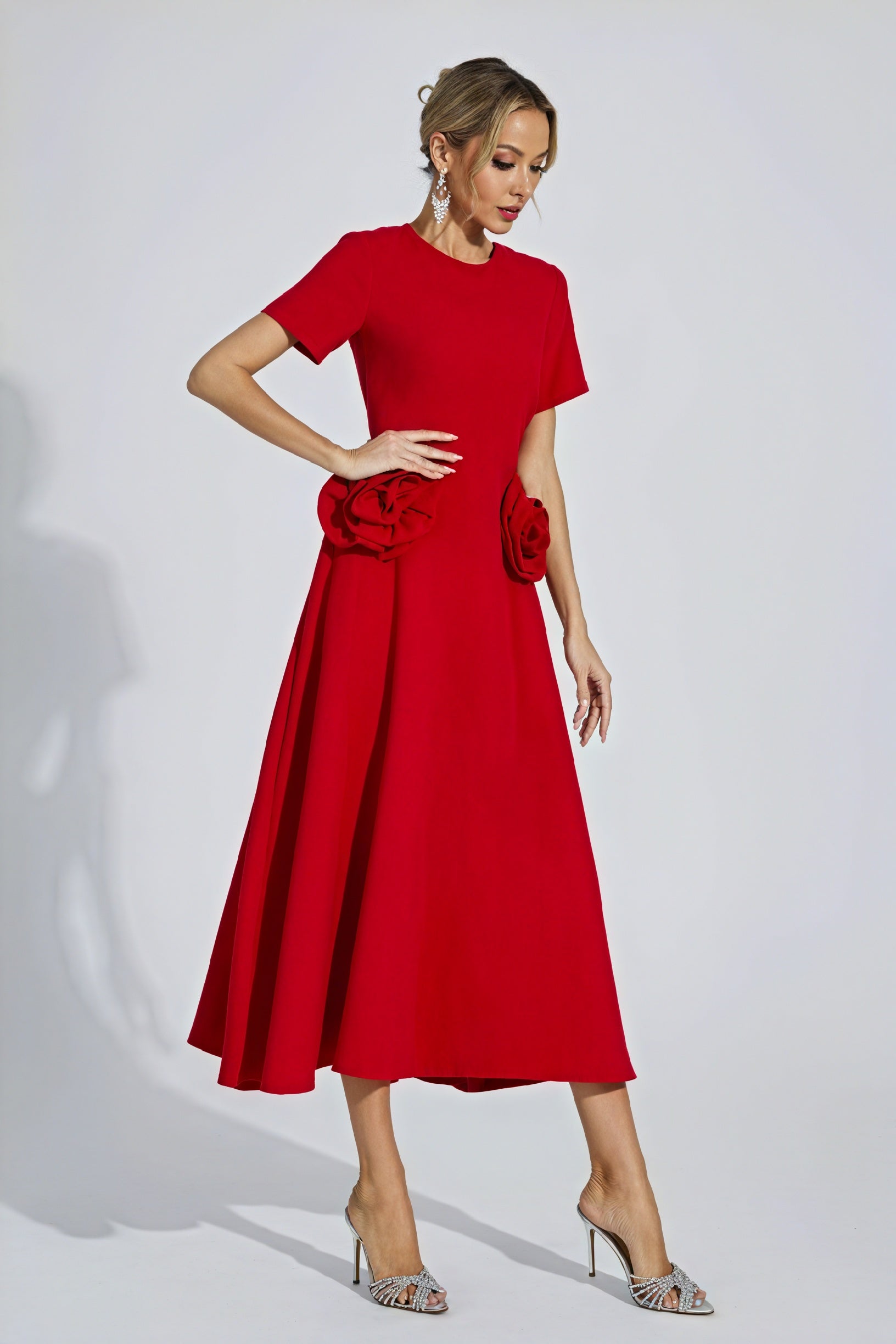 Rose Detail Midi Dress - Fitted Cocktail Style