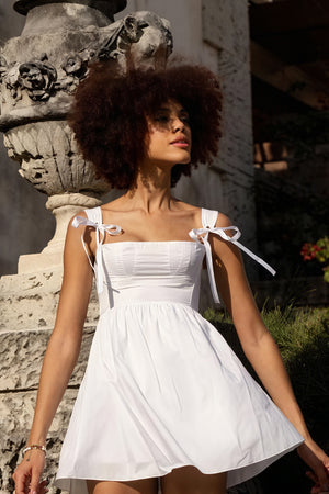 Bow Shoulder Mini Dress - Flared Skirt, Modern