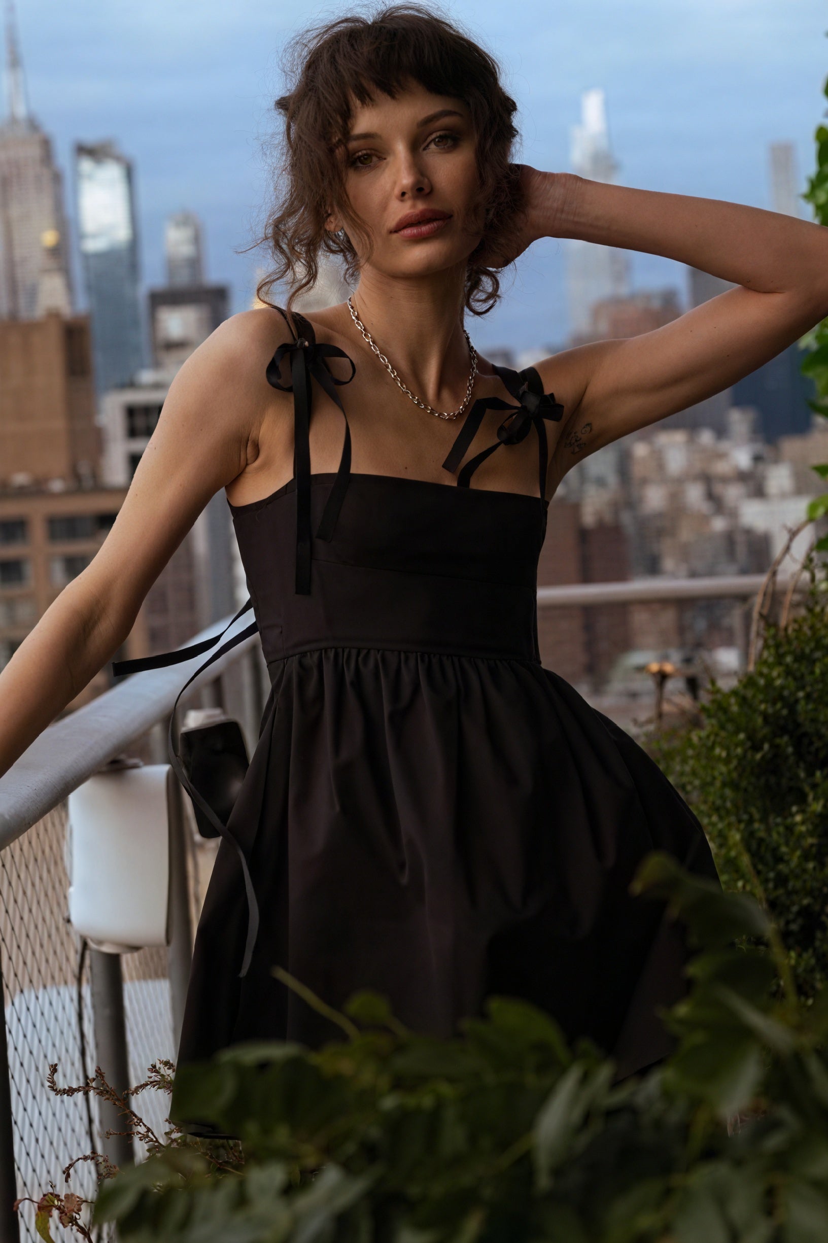 Bow Shoulder Mini Dress - Flared Skirt, Modern