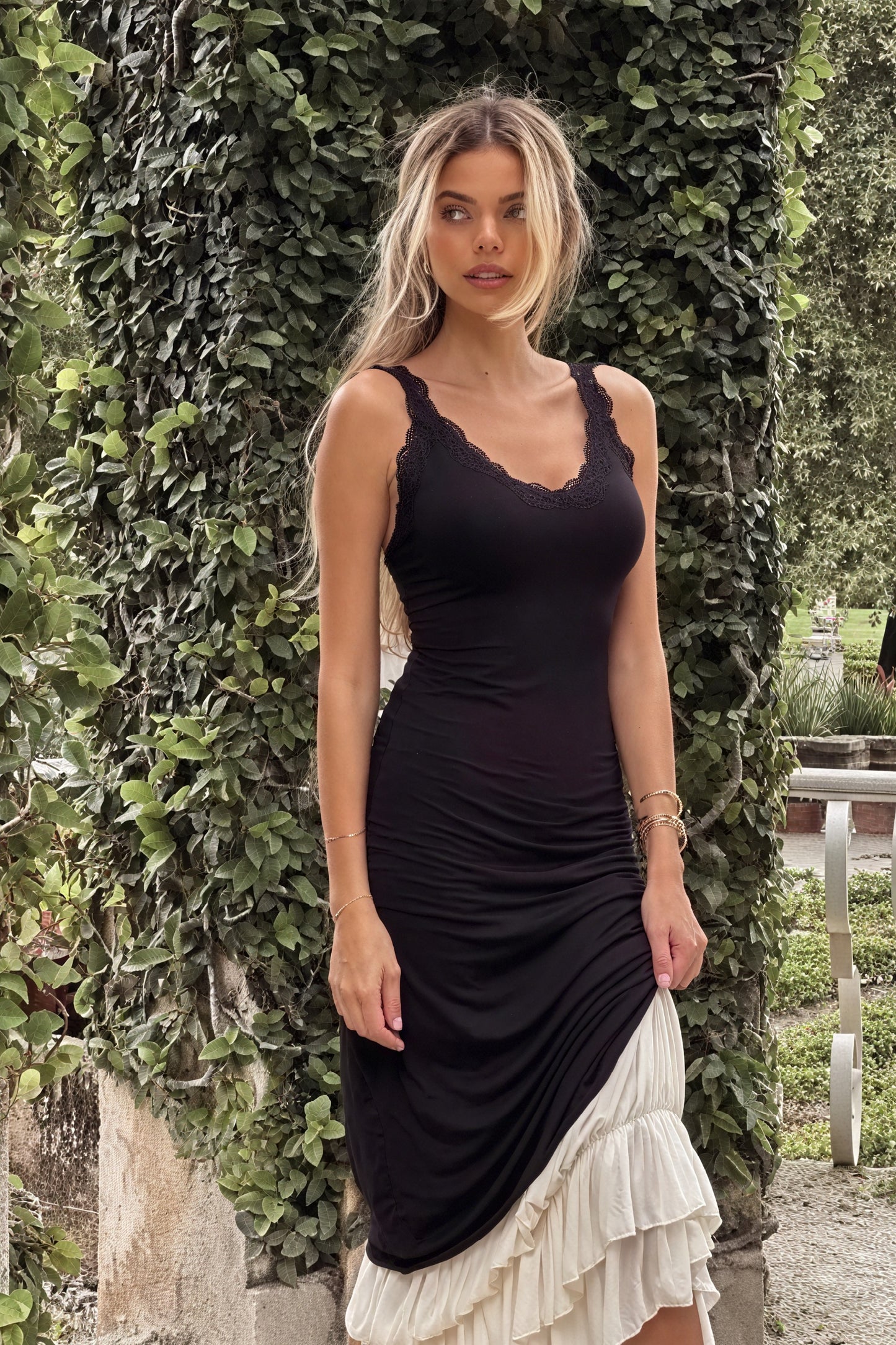 Layered Maxi Dress - Fitted Bodice & Lace