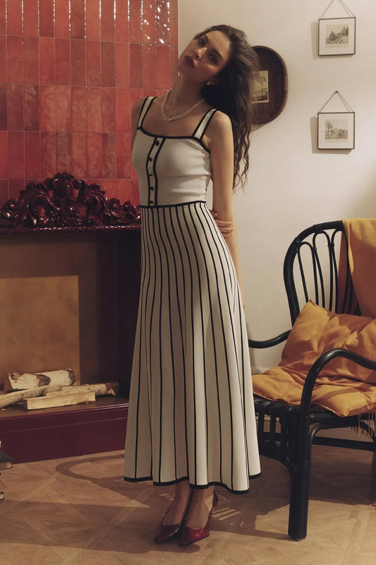 Striped Midi Dress - Button Bodice, Square Neck