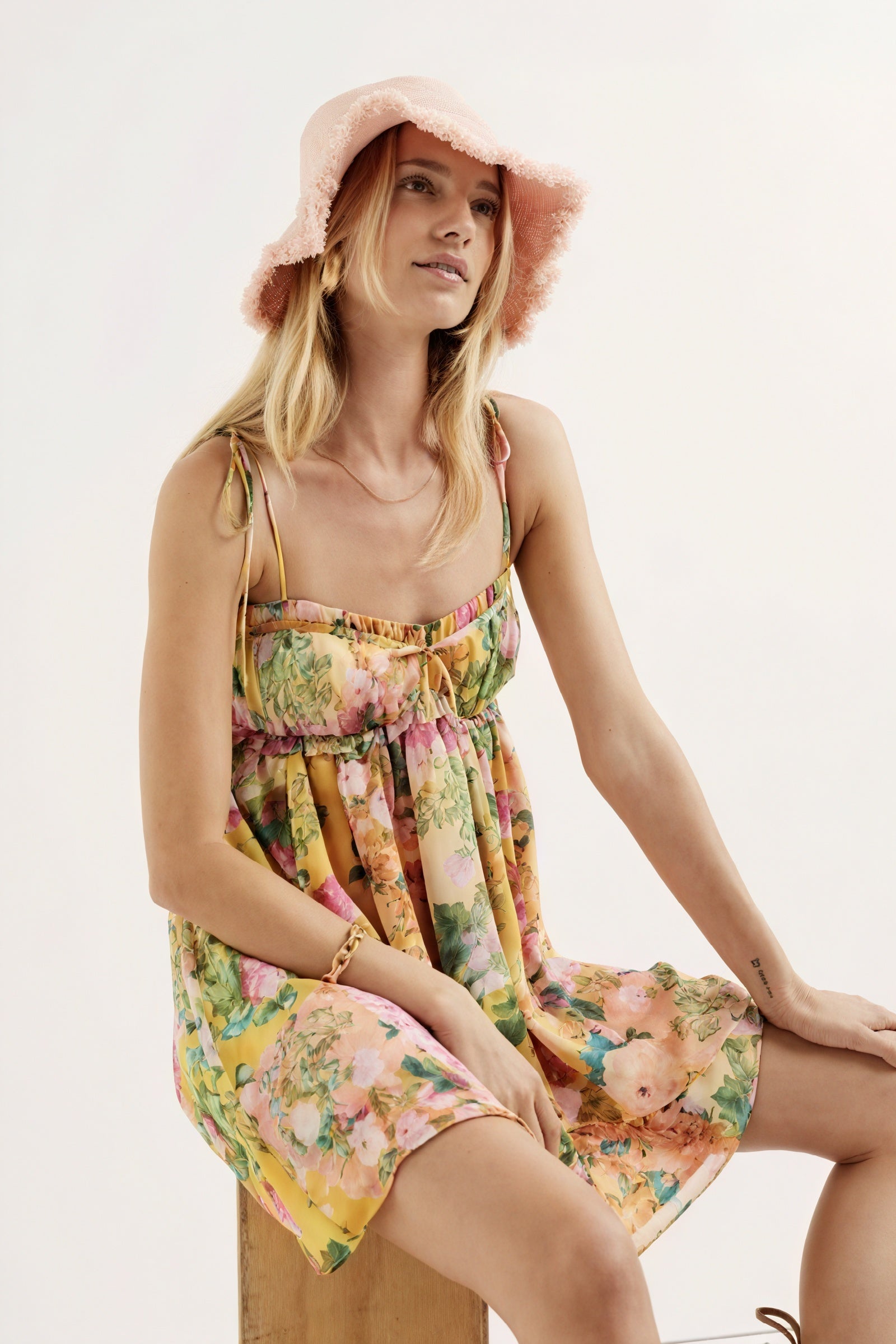Floral Mini Dress - Tie Straps, Ruched Bodice