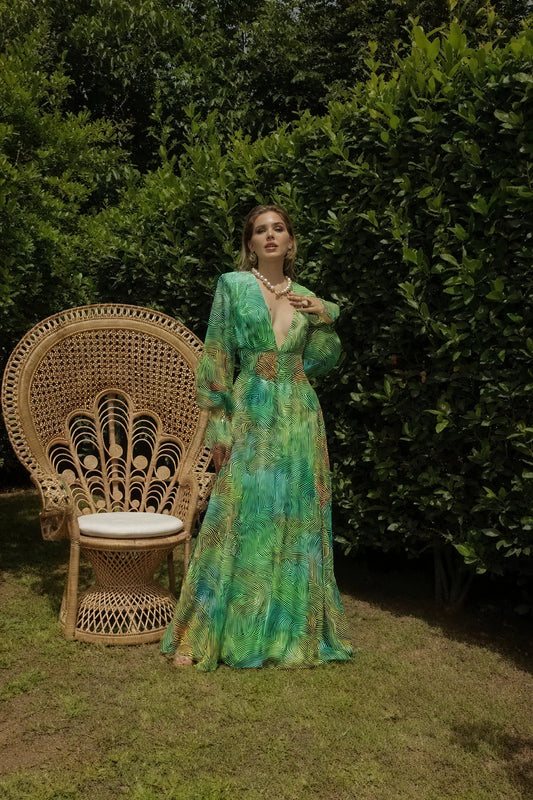 Abstract Maxi Dress - Plunging Neck, Flowing Sleeves