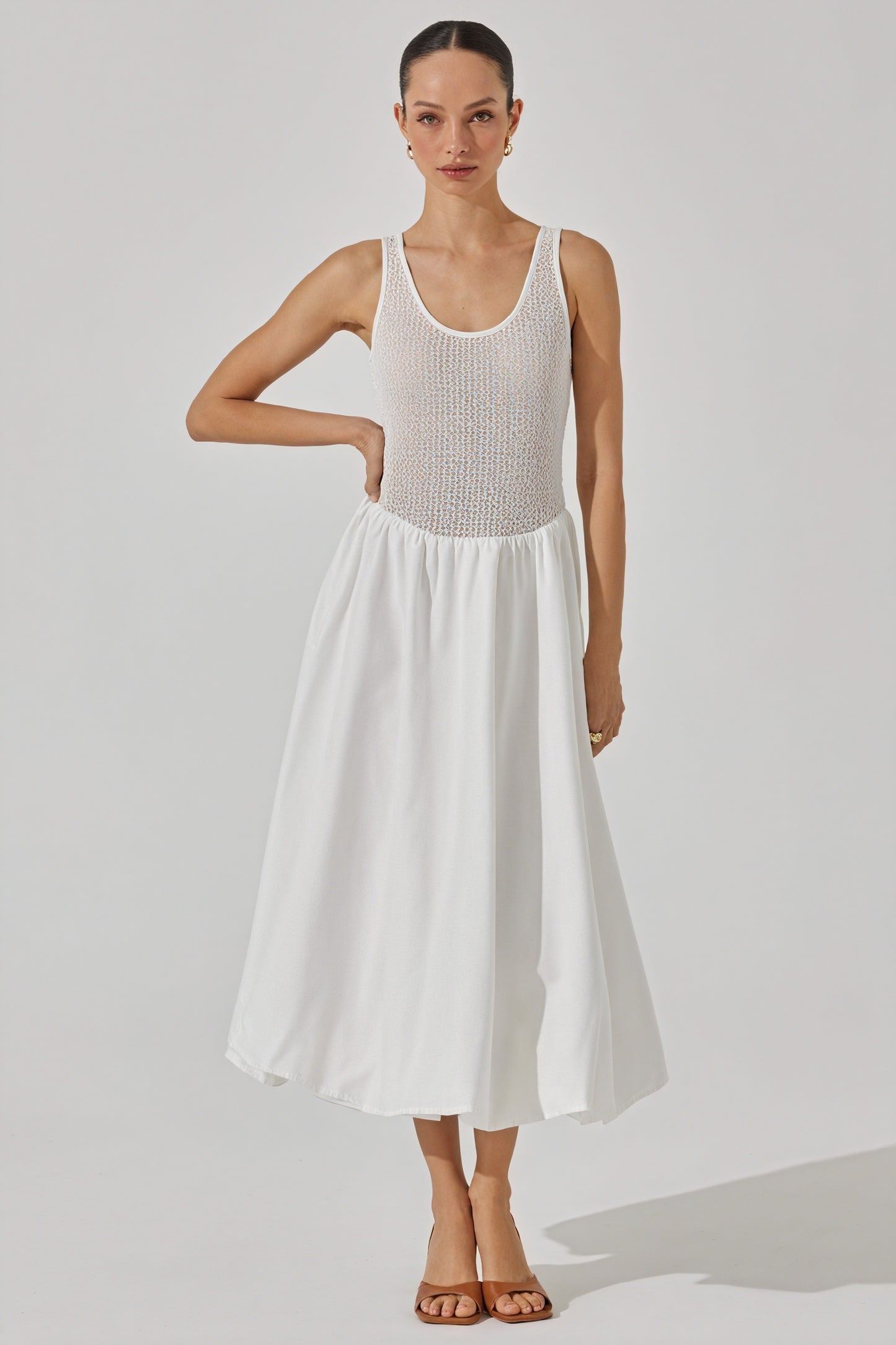 Textured Bodice High-Waisted Midi Dress