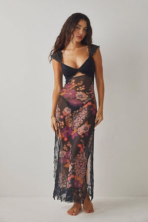 Floral Sheer Maxi Dress with Lace Trim