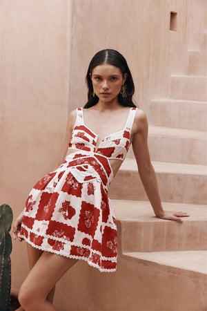 Floral Cut-Out Mini Dress - Red & White