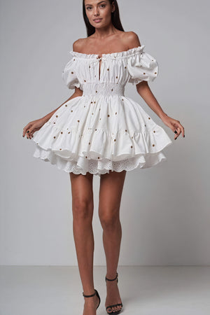 Embroidered Off-Shoulder Dress - Fruit Motifs