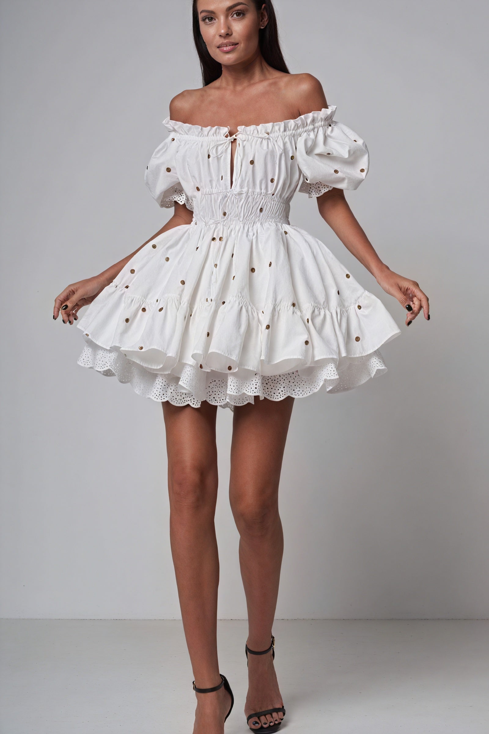 Embroidered Off-Shoulder Dress - Fruit Motifs