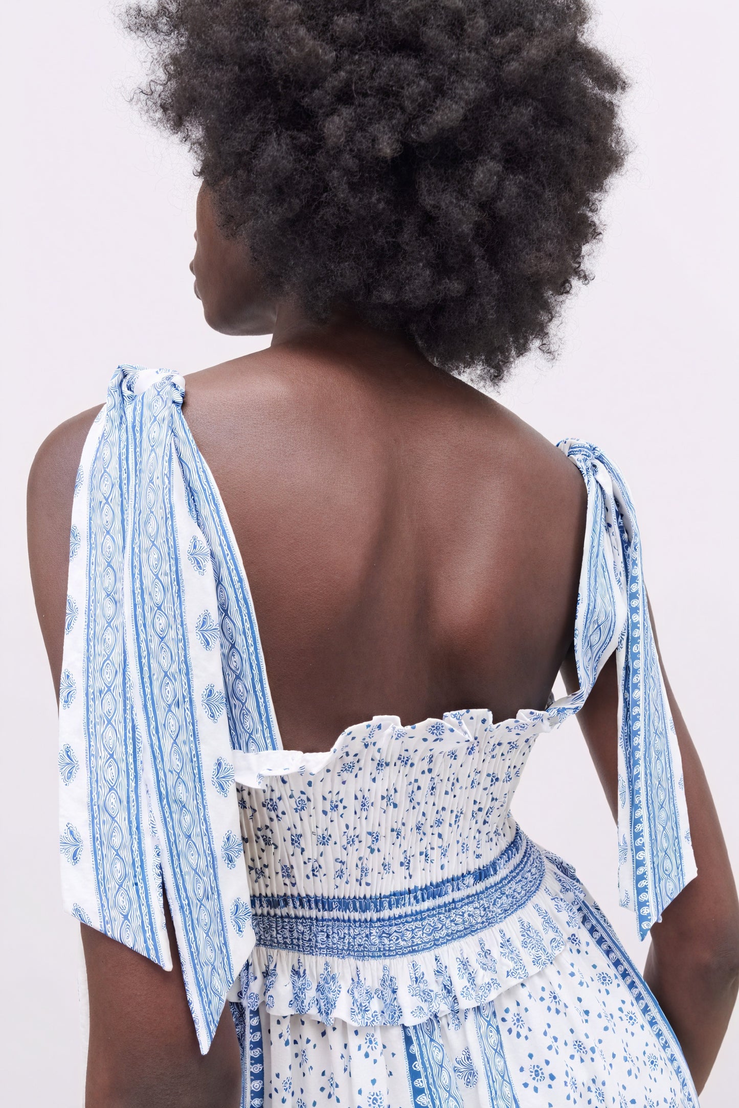 Smocked Midi Dress - Tie Straps, Floral Print