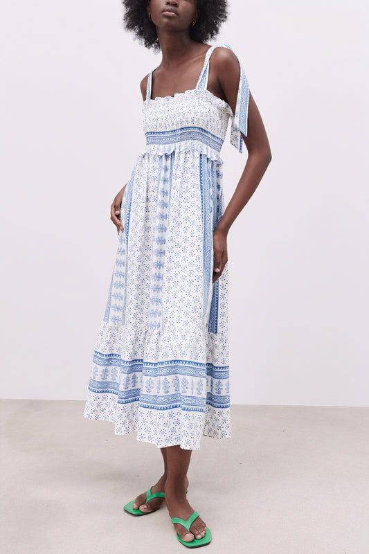 Smocked Midi Dress - Tie Straps, Floral Print
