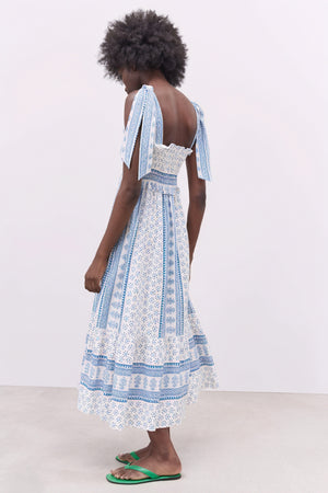 Smocked Midi Dress - Tie Straps, Floral Print