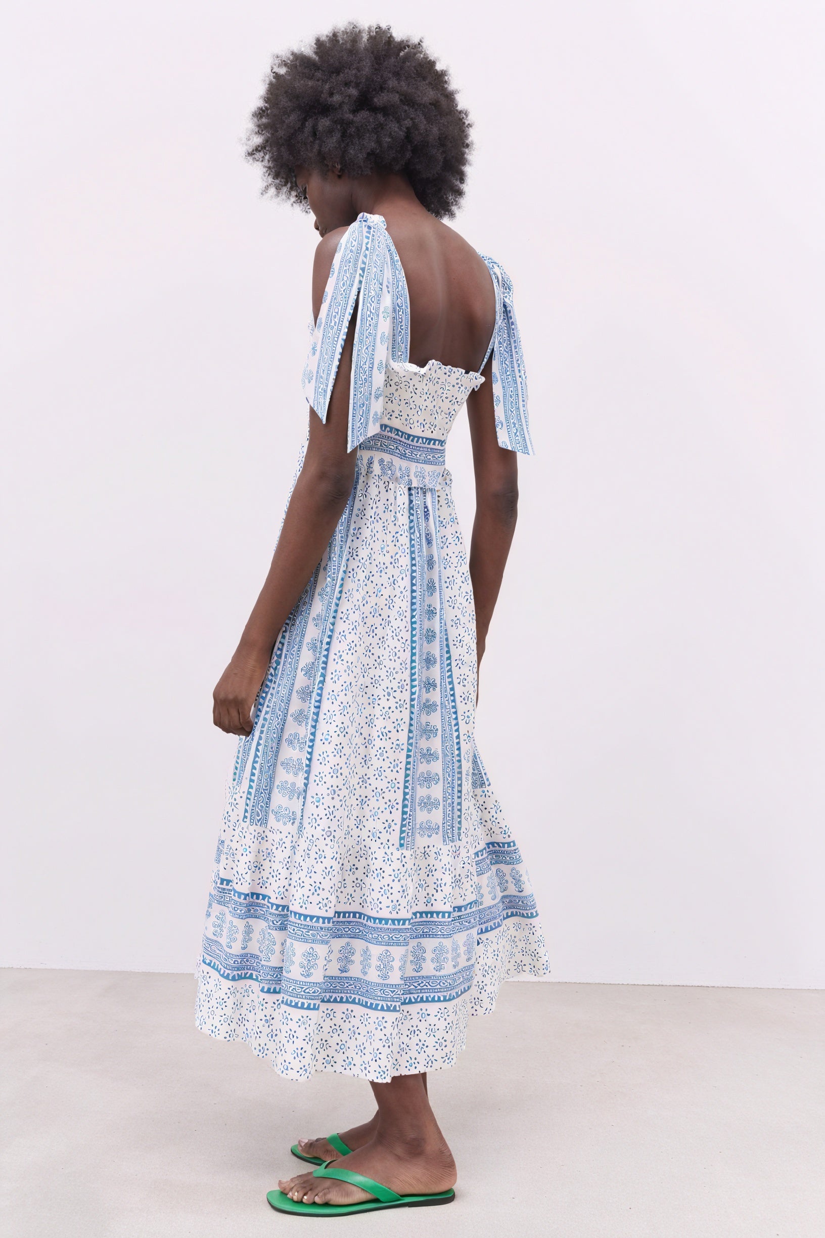 Smocked Midi Dress - Tie Straps, Floral Print