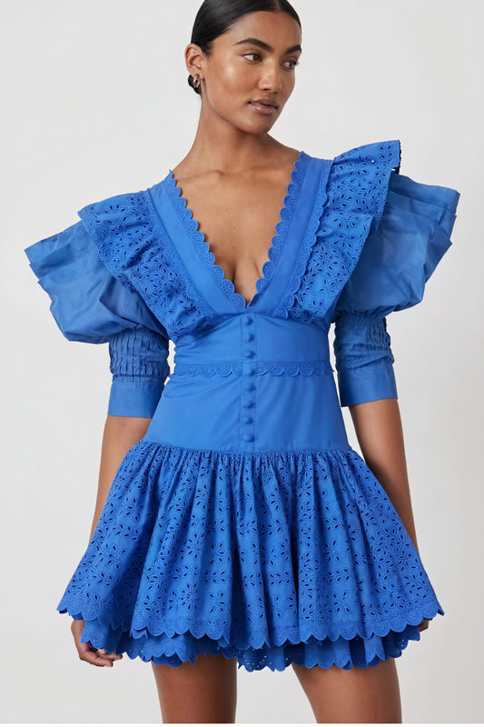 Laser-Cut Mini Dress - Oversized Collar
