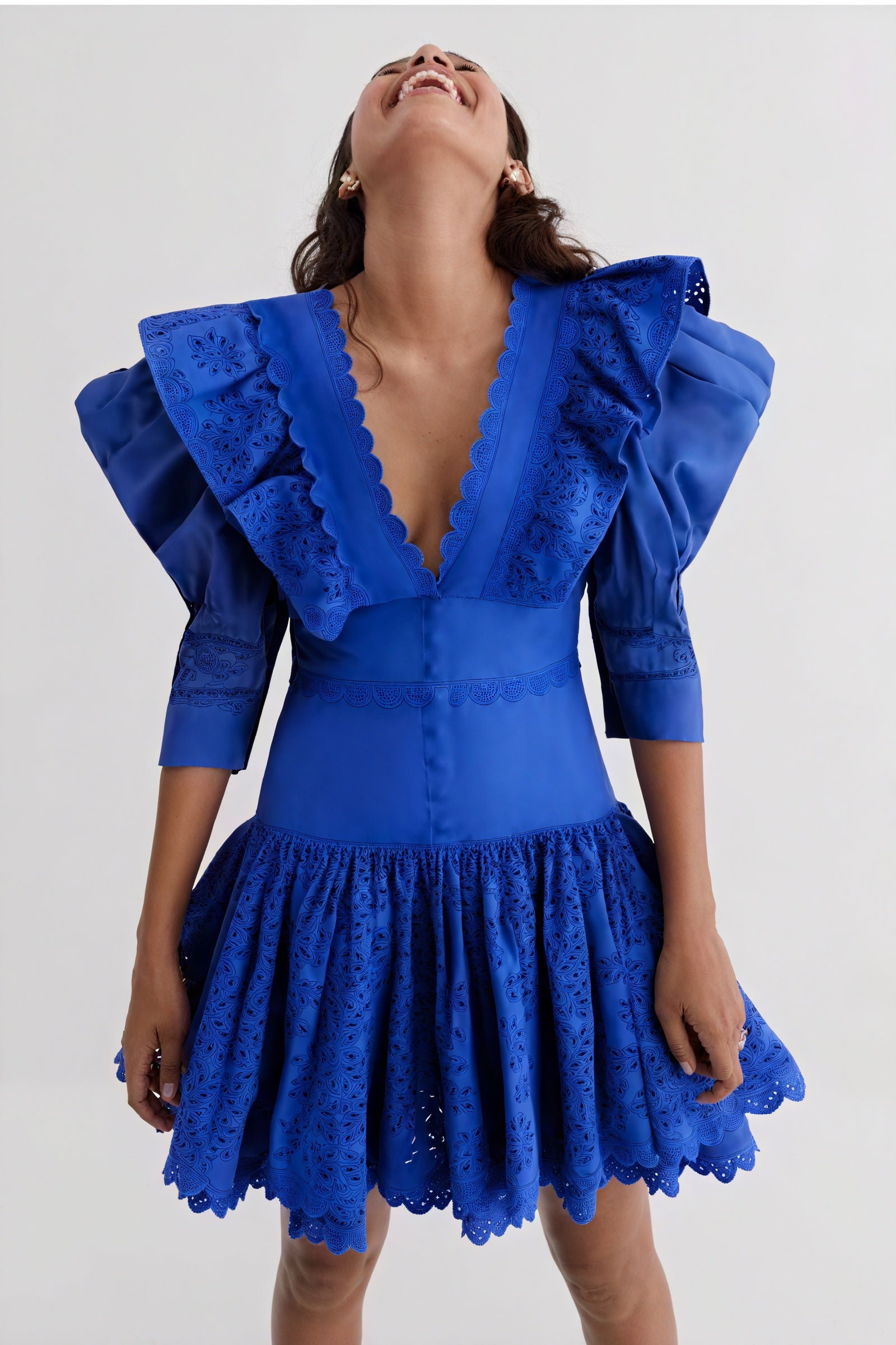 Laser-Cut Mini Dress - Oversized Collar