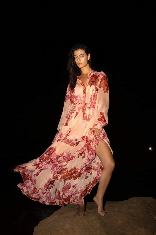 Floral Tiered Maxi Dress - Mandarin Collar