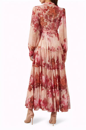 Floral Tiered Maxi Dress - Mandarin Collar