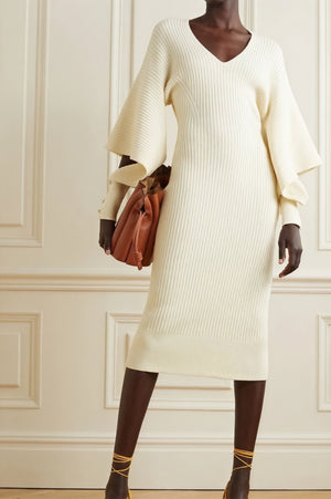Ribbed Knit Midi Dress - Cape Sleeves