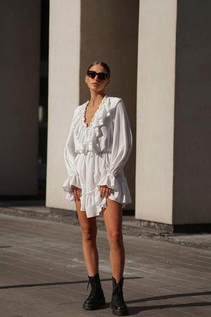 Ruffled Mini Dress - Billowy Sleeve V-Neck