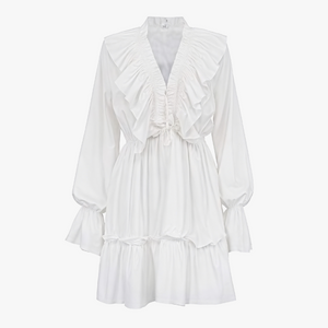 Ruffled Mini Dress - Billowy Sleeve V-Neck